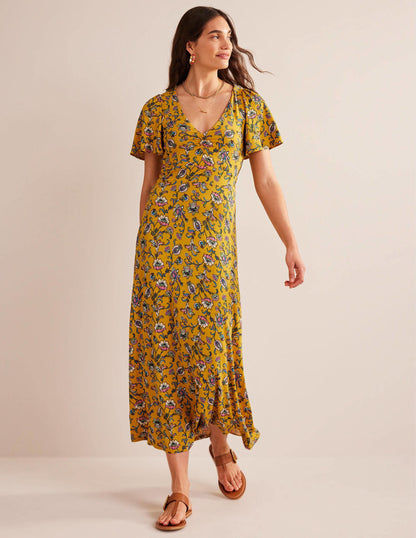 V-Neck Jersey Midi Dress-Mustard Seed, Meadow Fall