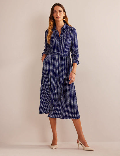 Kate Midi Shirt Dress -Navy, Dotty