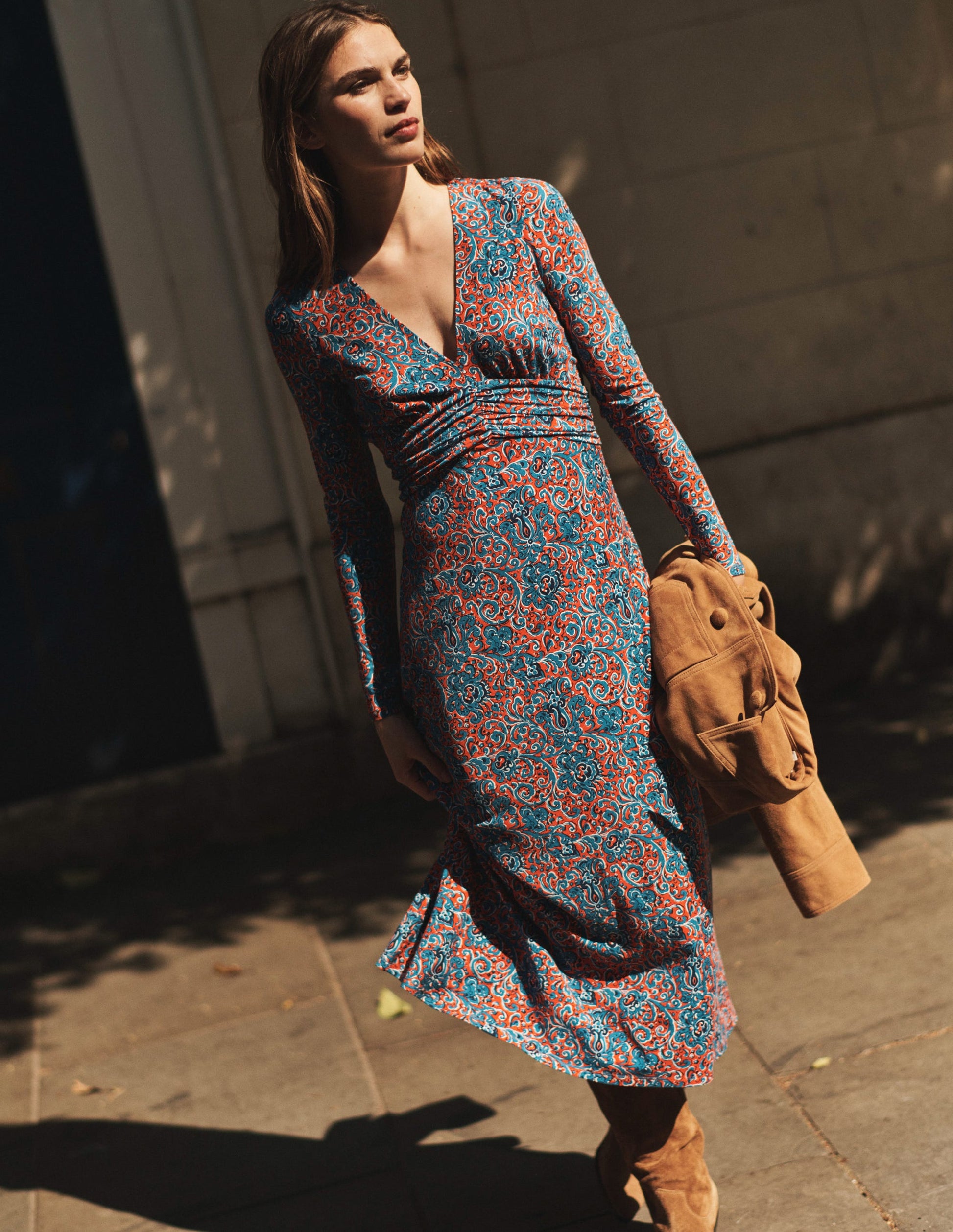 Elodie Empire Midi Dress-Fiesta Orange, Botanic Terrace-9