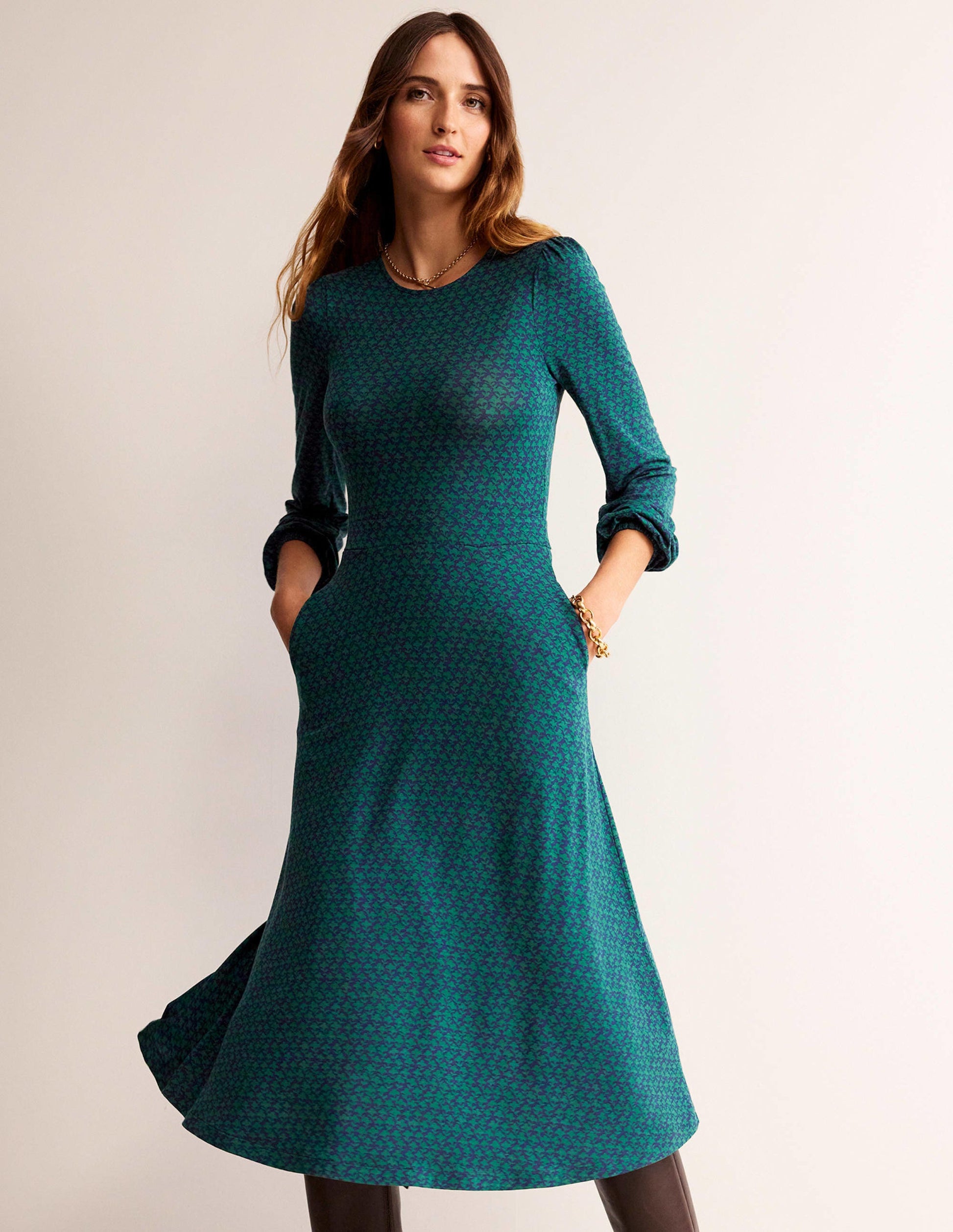 Camille Jersey Midi Dress-Emerald Night, Lily Sprig-1