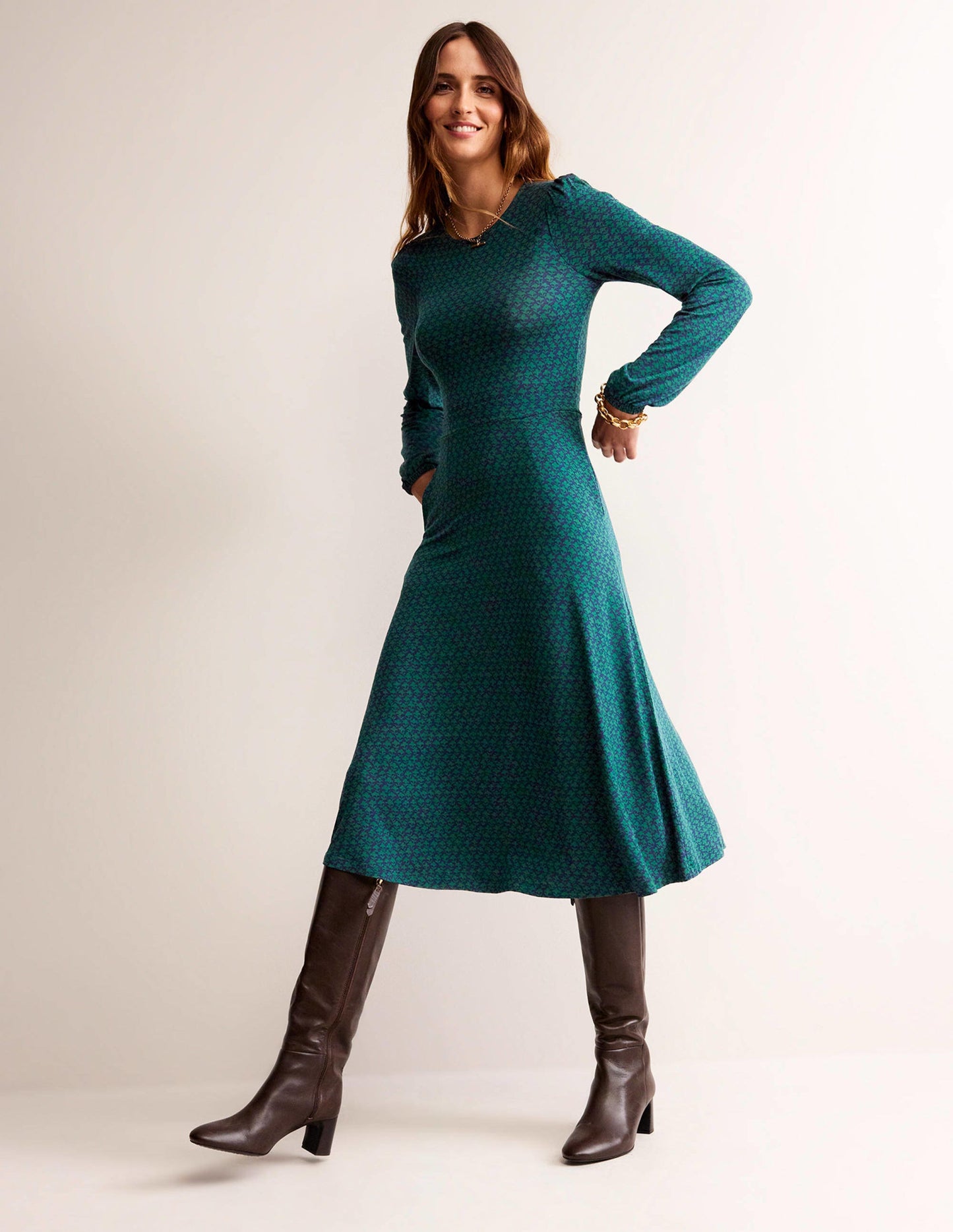 Camille Jersey Midi Dress-Emerald Night, Lily Sprig