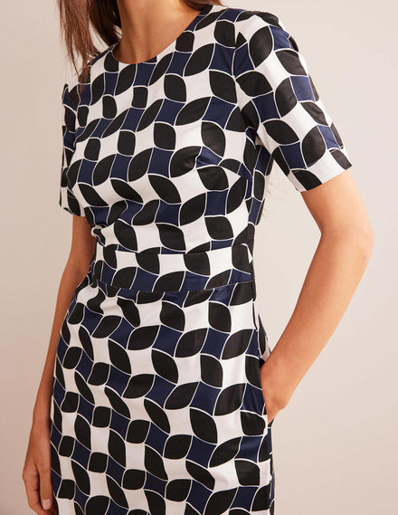 Alexa Cotton Shift Dress-Navy, Abstract Diamond