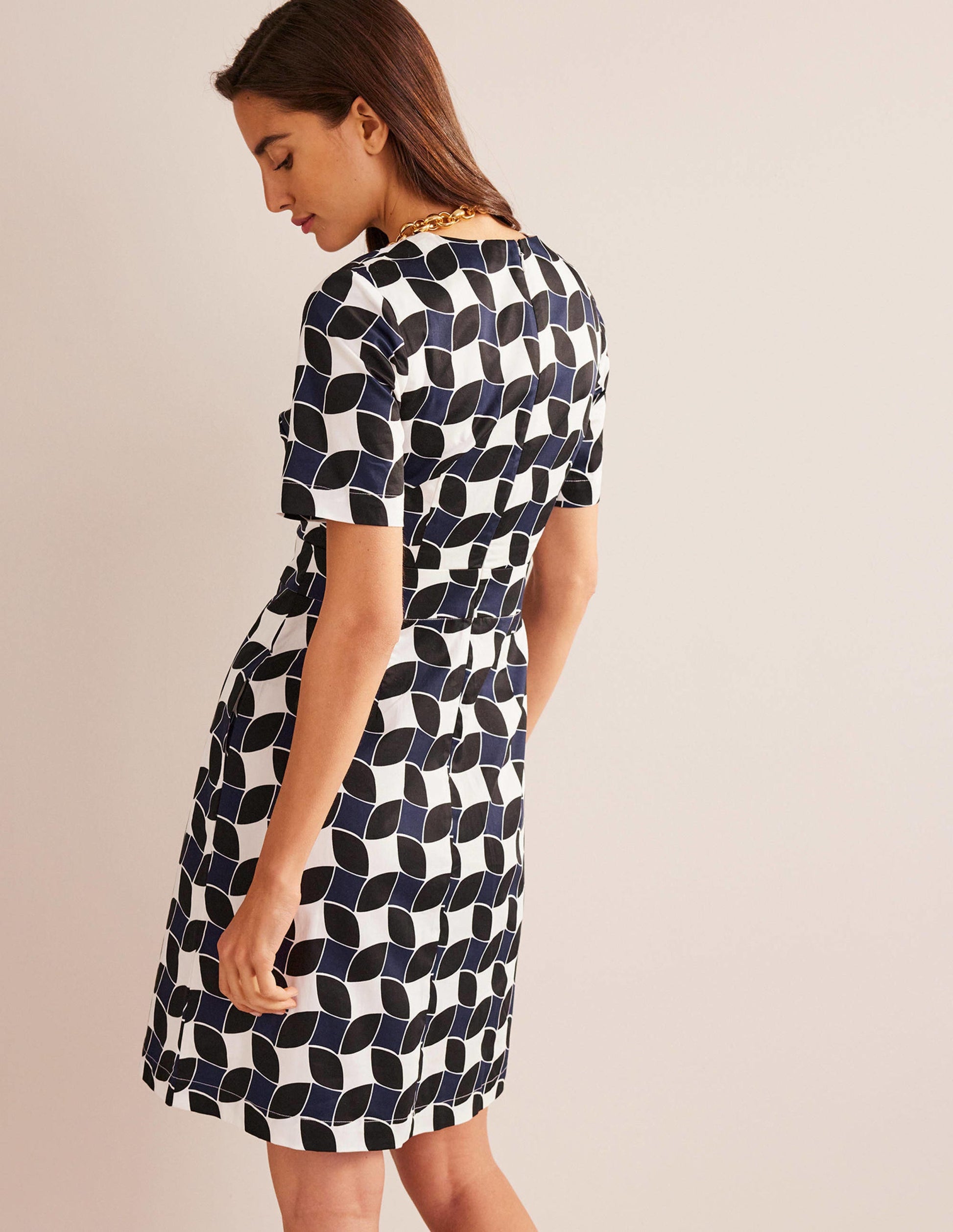 Alexa Cotton Shift Dress-Navy, Abstract Diamond-3
