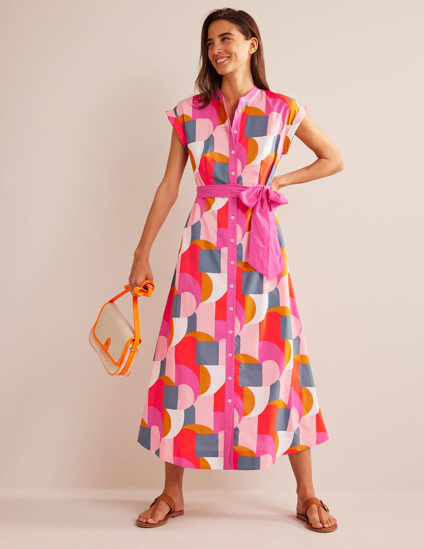 Amanda Cotton Midi Shirt Dress-Festival Pink, Geometric Swirl
