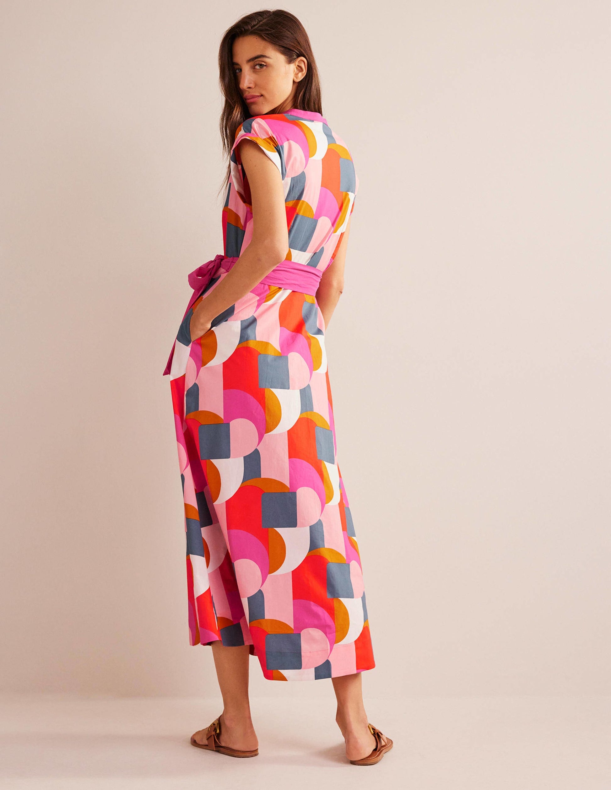 Amanda Cotton Midi Shirt Dress-Festival Pink, Geometric Swirl-3