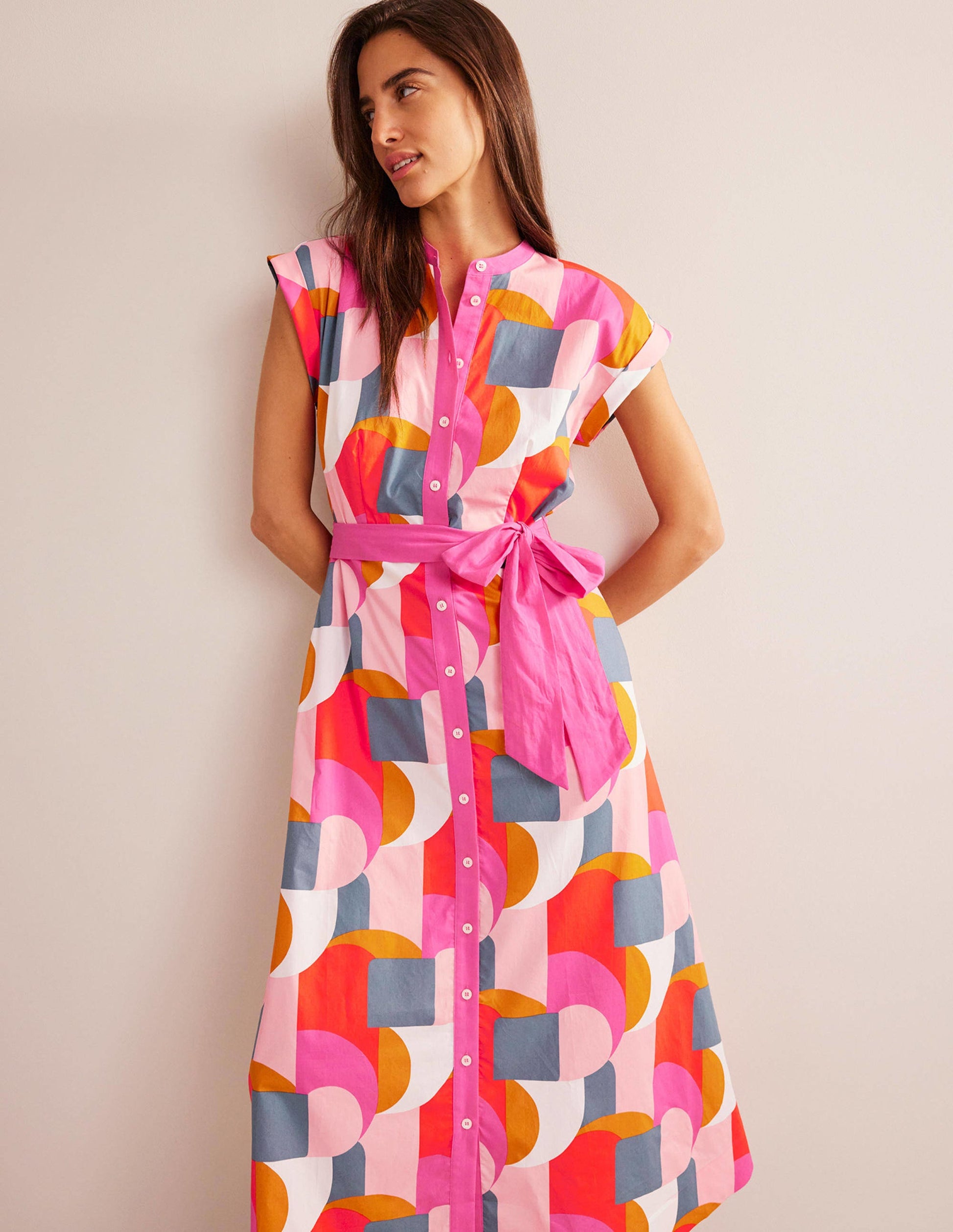 Amanda Cotton Midi Shirt Dress-Festival Pink, Geometric Swirl-4