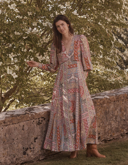 Blouson Sleeve Maxi Tea Dress-Multi, Patchwork-5