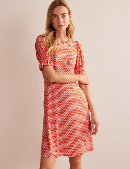 Puff Sleeve Jersey Mini Dress-Vermillion, Tulip Pop-1