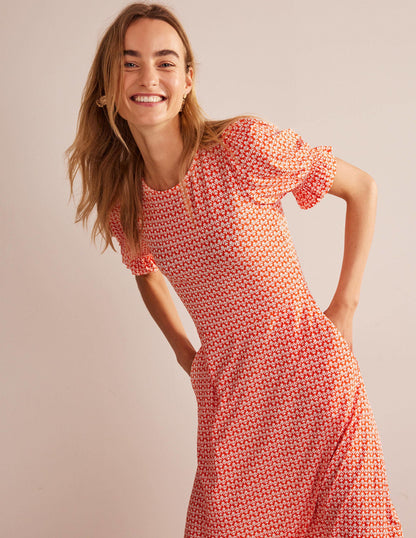 Puff Sleeve Jersey Mini Dress-Vermillion, Tulip Pop-4