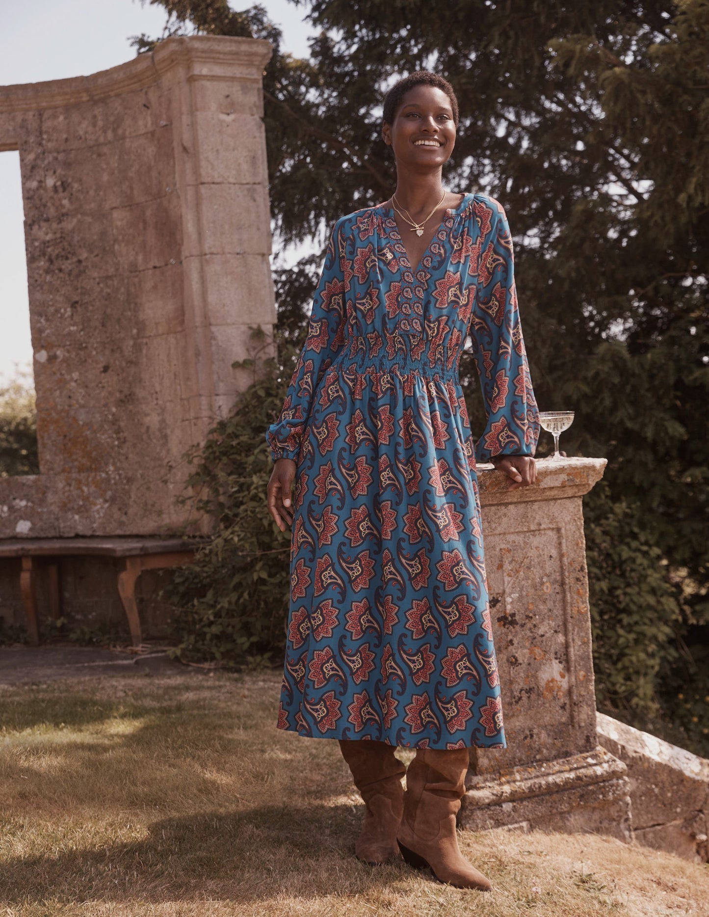Border Print Raglan Midi Dress-Aegean Blue, Paisley Amaryllis