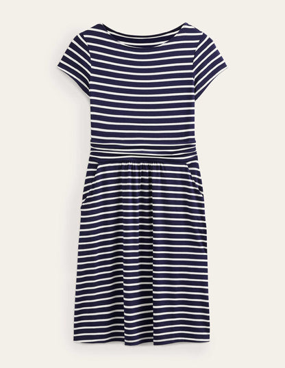 Amelie Jersey Dress -Navy, Ivory Stripe