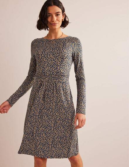Abigail Jersey Dress-Camel, Animal Stamp