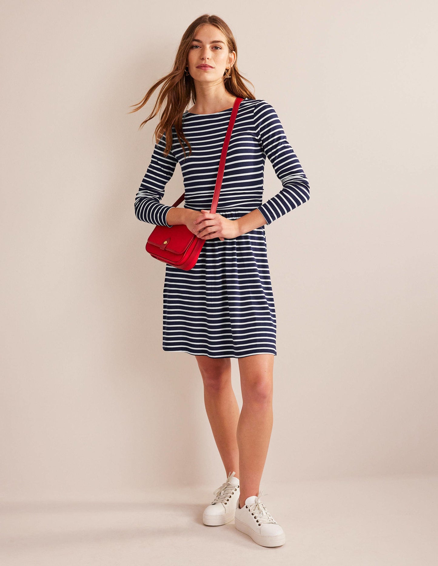 Abigail Jersey Dress-Navy, Ivory Stripe