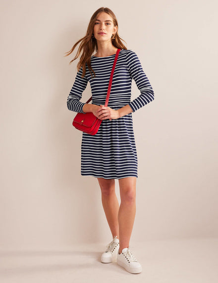 Abigail Jersey Dress-Navy, Ivory Stripe