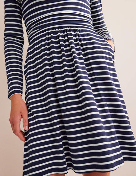 Abigail Jersey Dress-Navy, Ivory Stripe