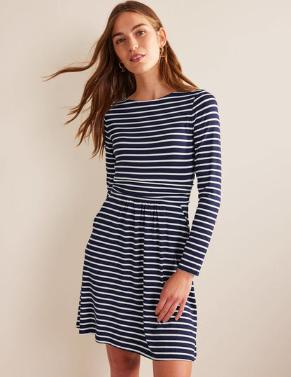 Abigail Jersey Dress-Navy, Ivory Stripe-4