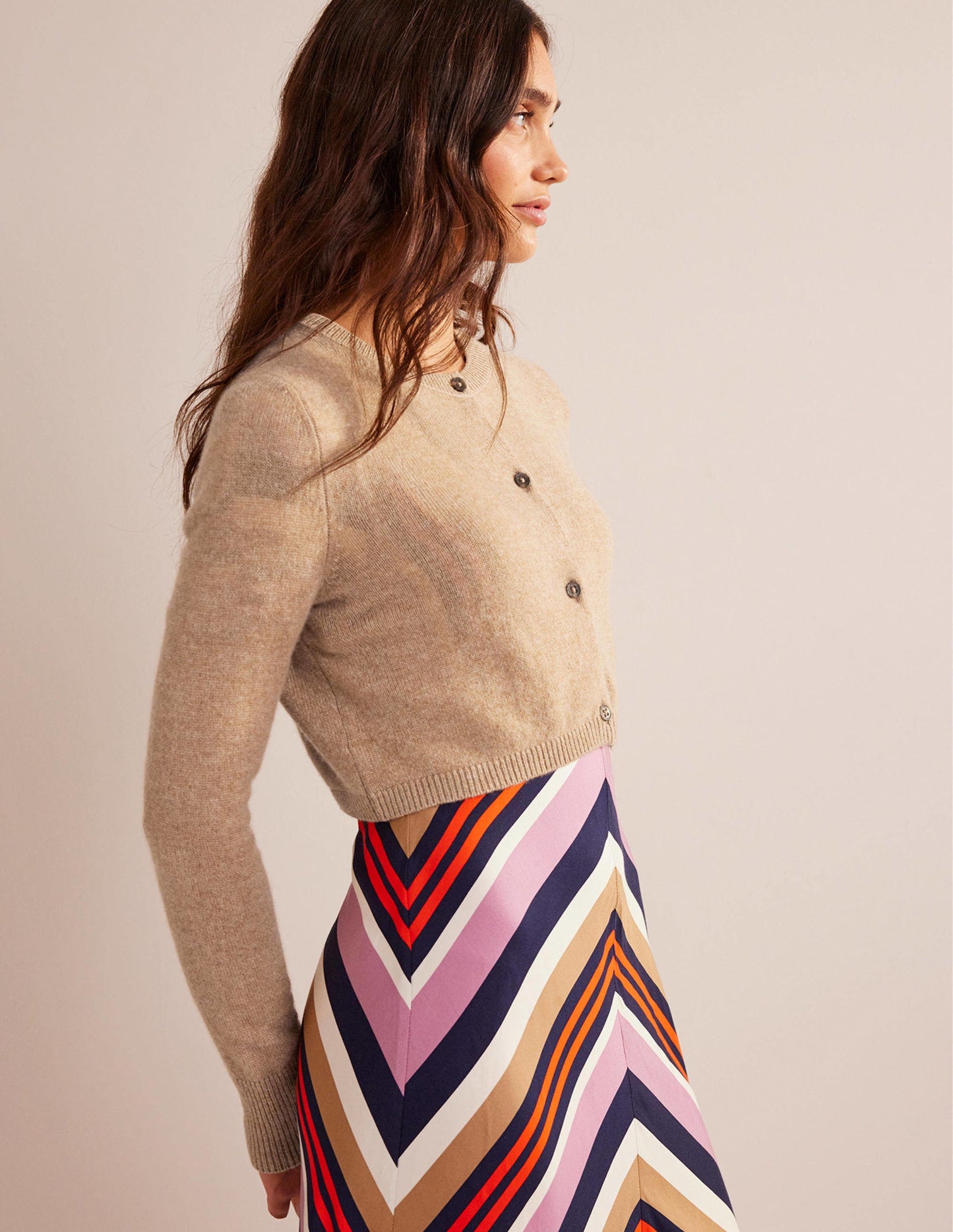 Cropped Cashmere Cardigan-Camel Melange