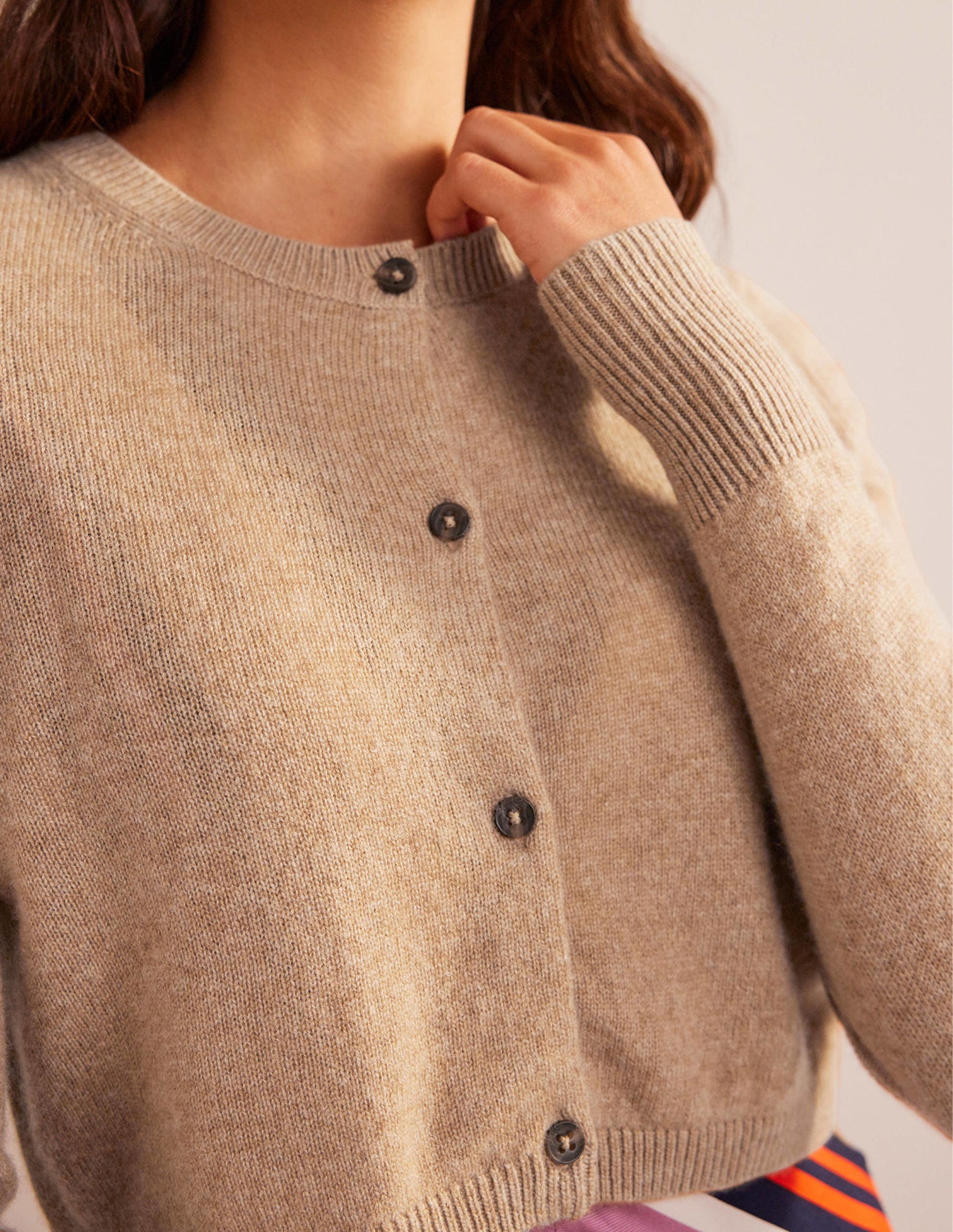 Cropped Cashmere Cardigan-Camel Melange-2