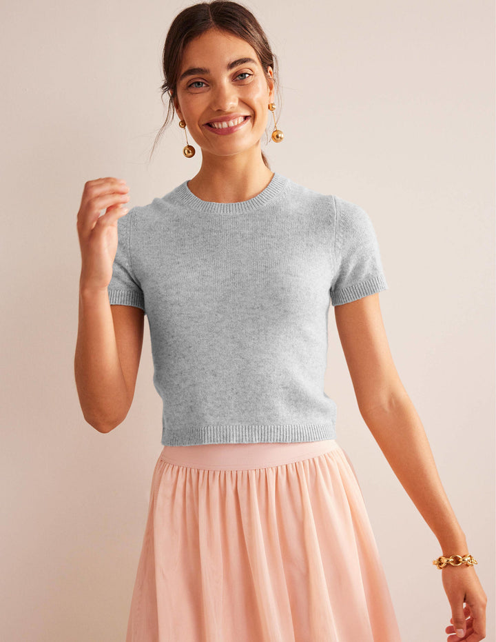 Cropped Cashmere T-Shirt-Pale Grey Melange