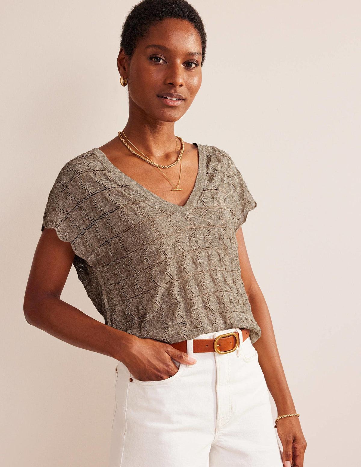 V-Neck Knitted Beach Top-Metallic Stone-1
