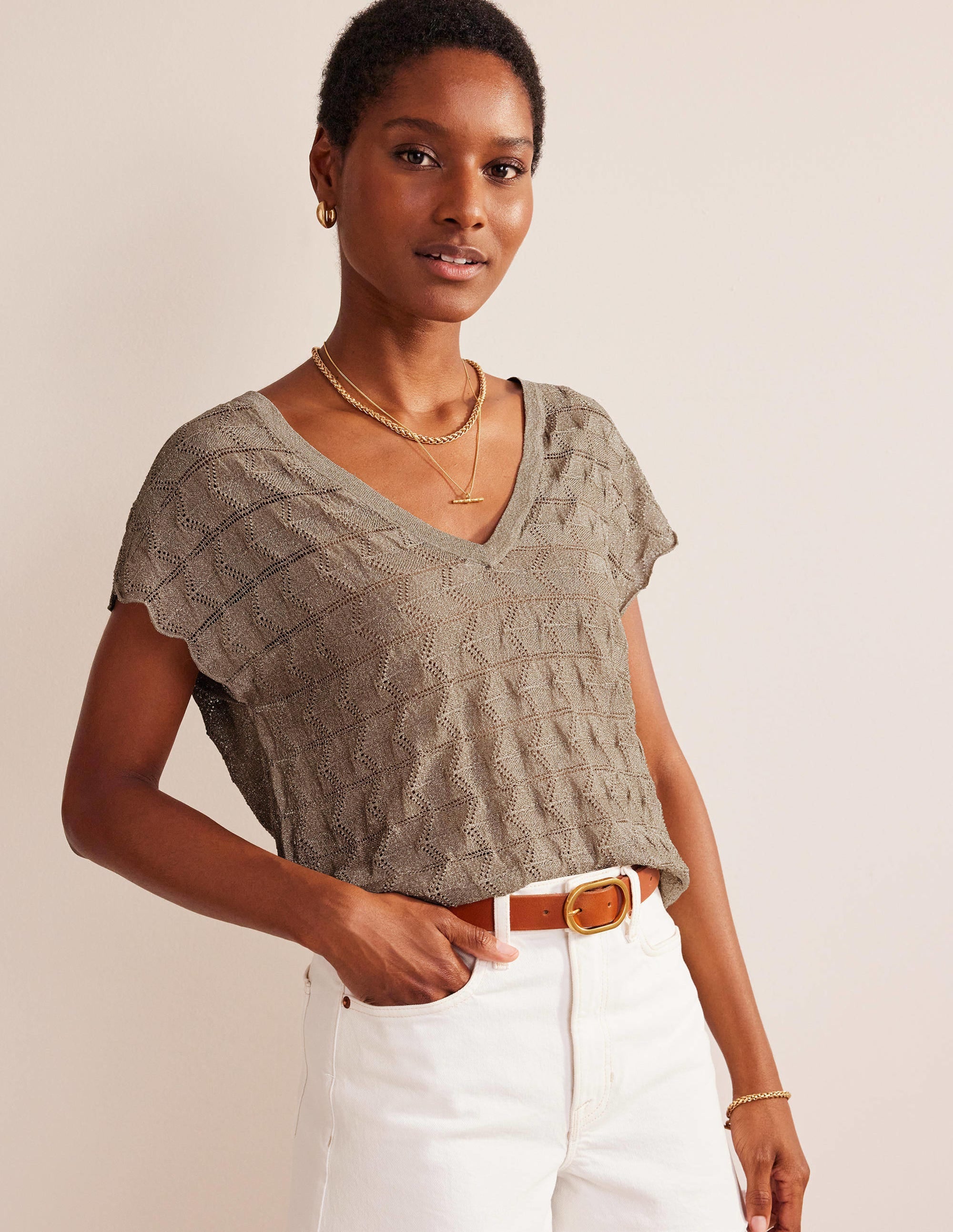 V-Neck Knitted Beach Top-Metallic Stone - Image 1