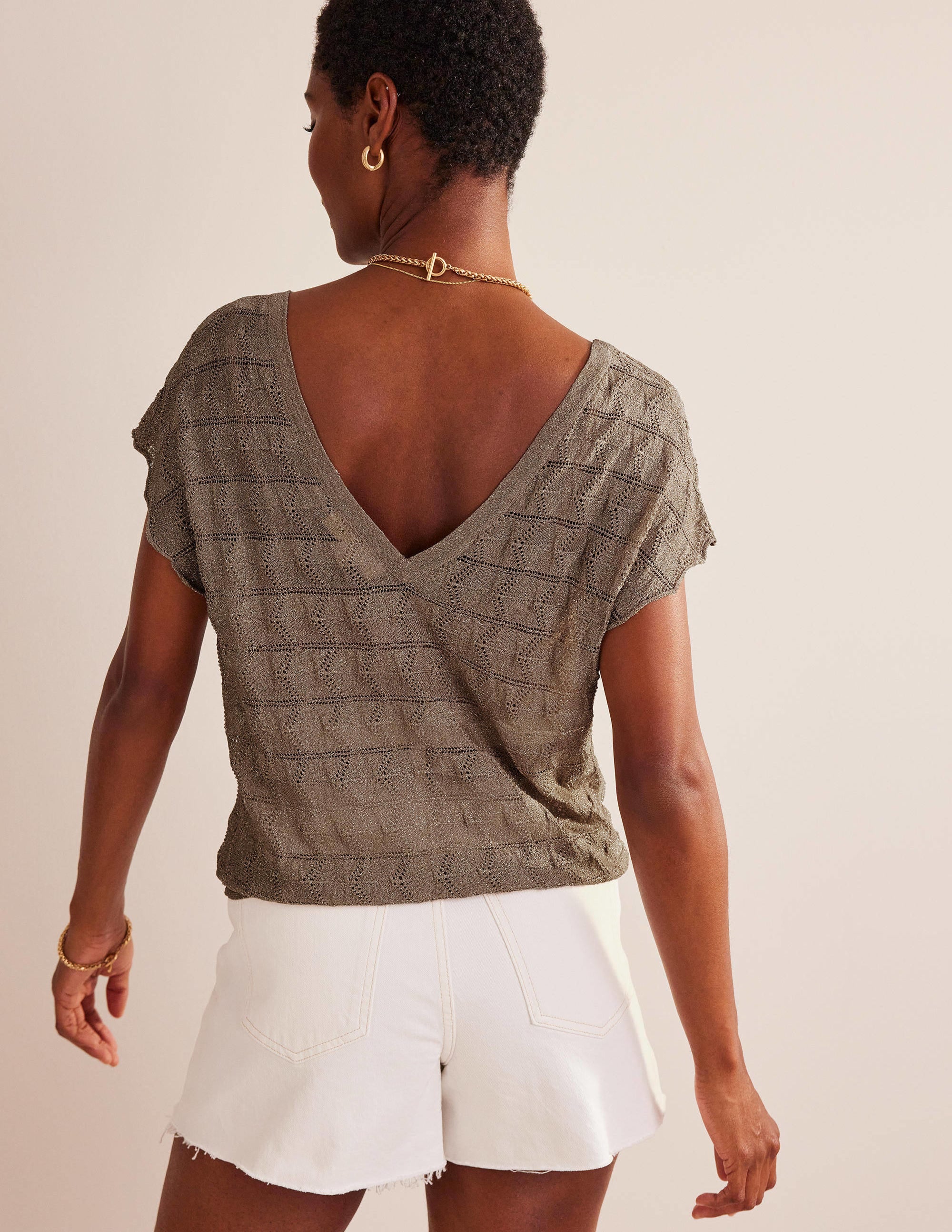 V-Neck Knitted Beach Top-Metallic Stone - Image 3