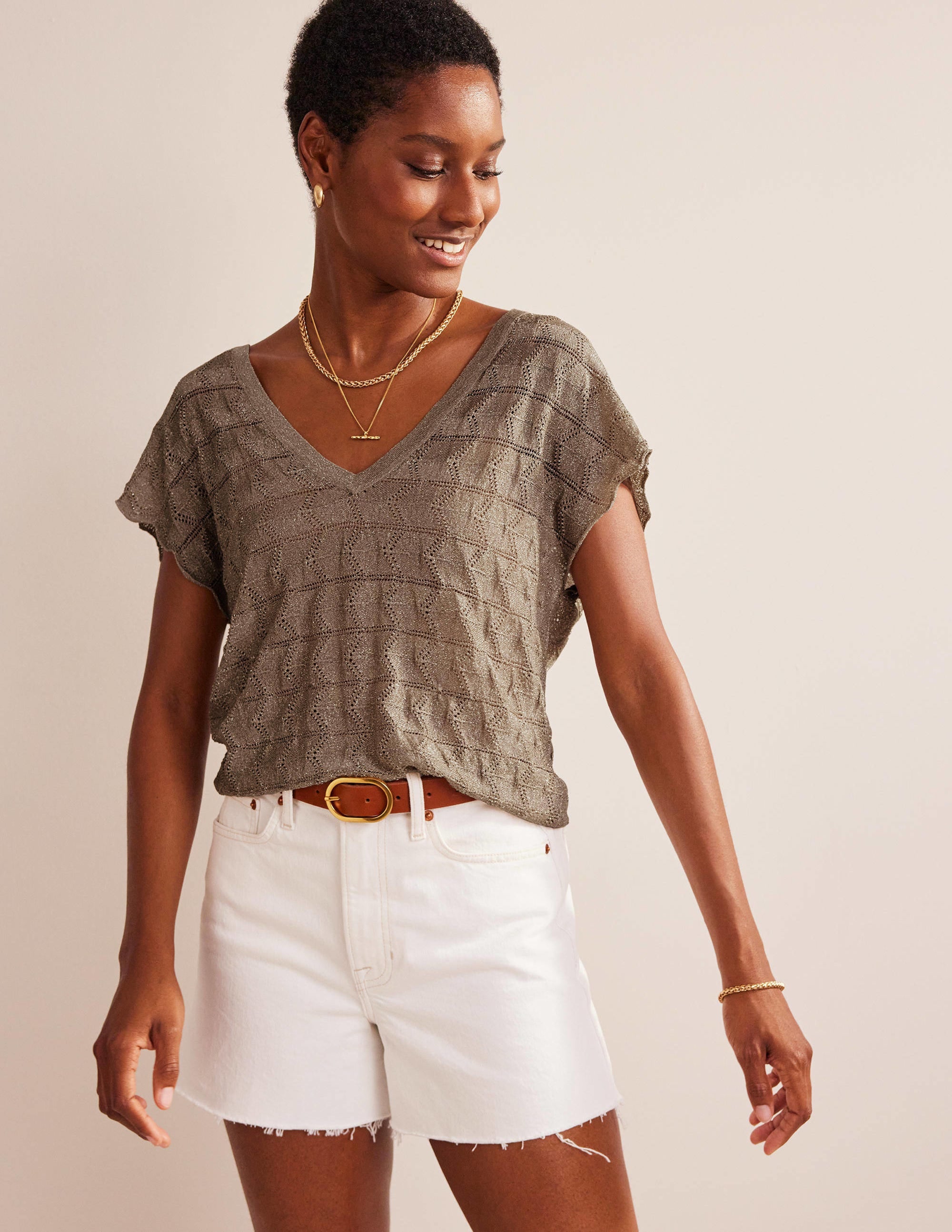 V-Neck Knitted Beach Top-Metallic Stone - Image 4