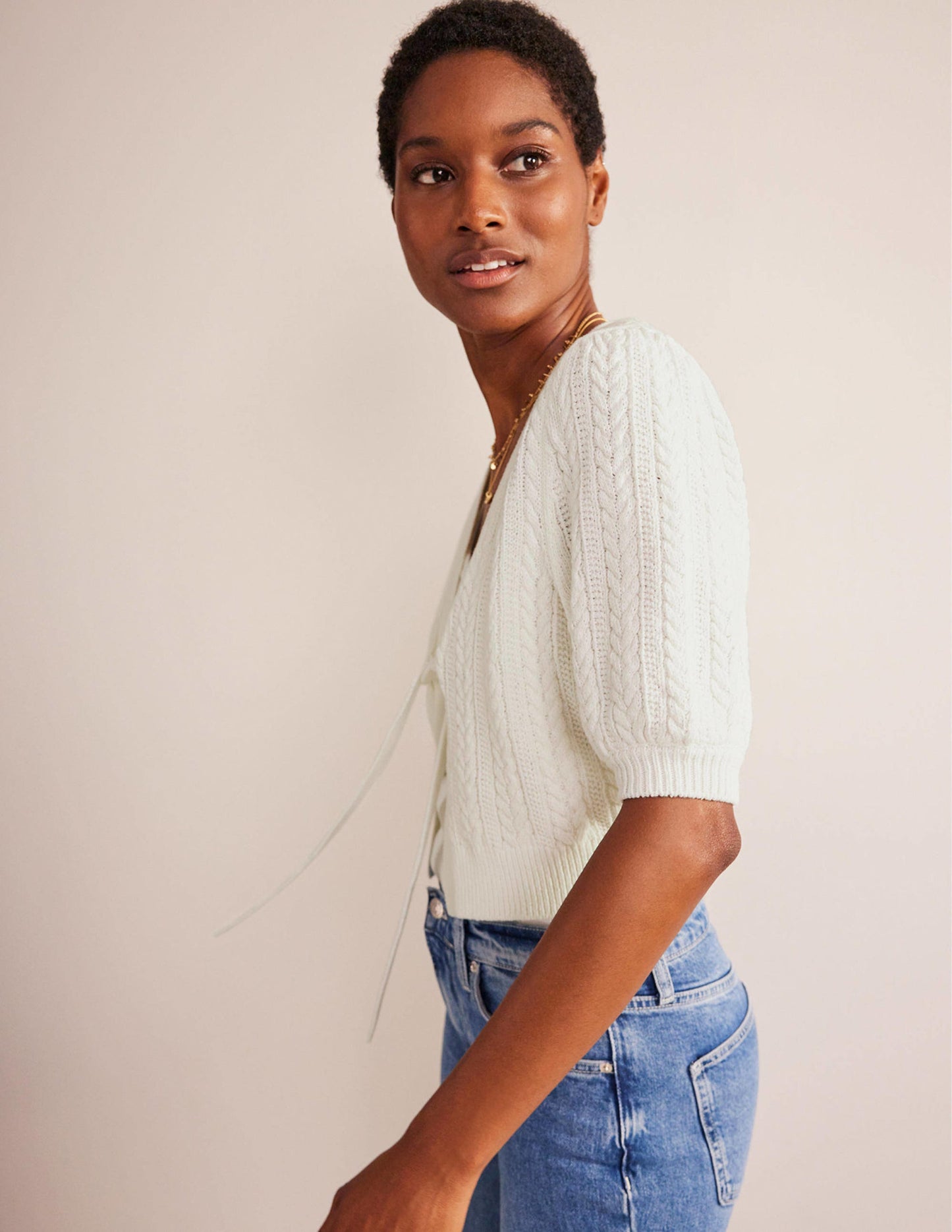 Bow-Trim Cropped Cardigan-Warm Ivory