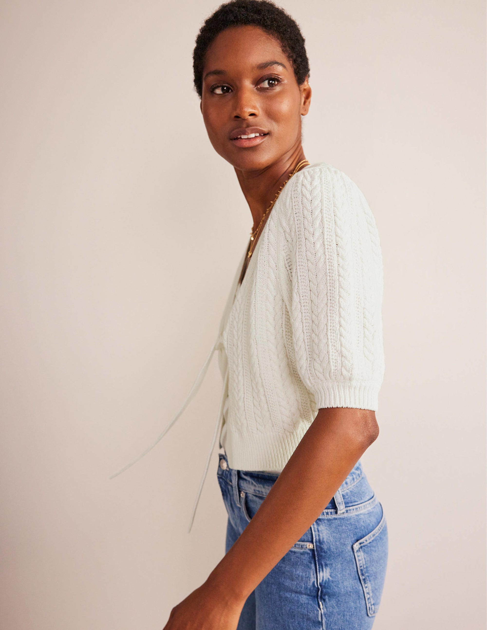 Bow-Trim Cropped Cardigan-Warm Ivory - Image 4