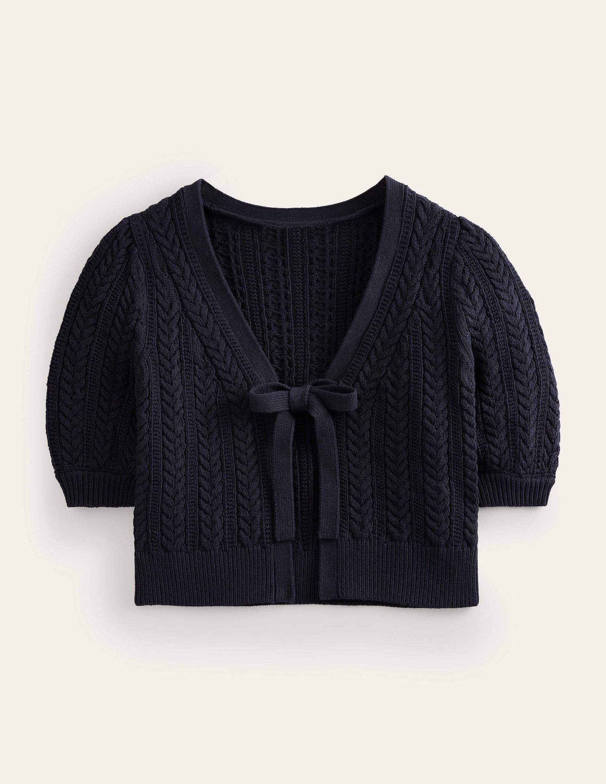 Bow-Trim Cropped Cardigan-Navy-5