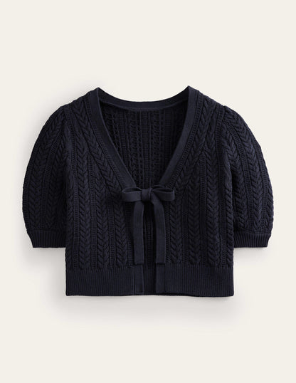 Bow-Trim Cropped Cardigan-Navy-5