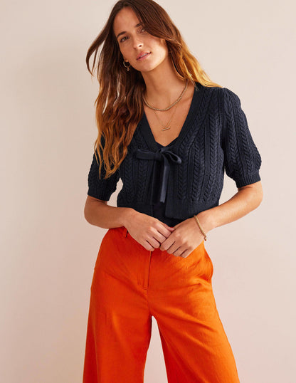 Bow-Trim Cropped Cardigan-Navy-1