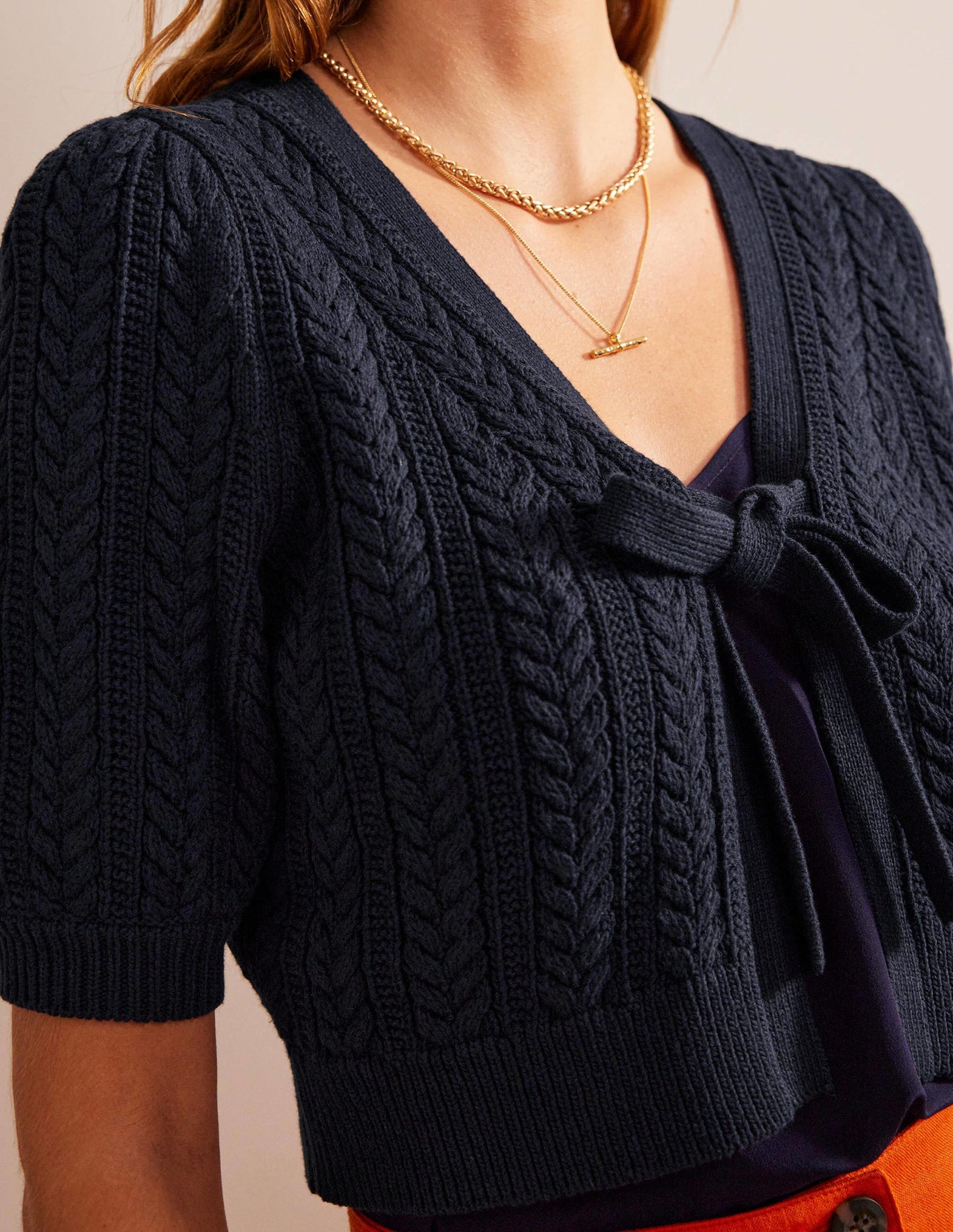 Bow-Trim Cropped Cardigan-Navy