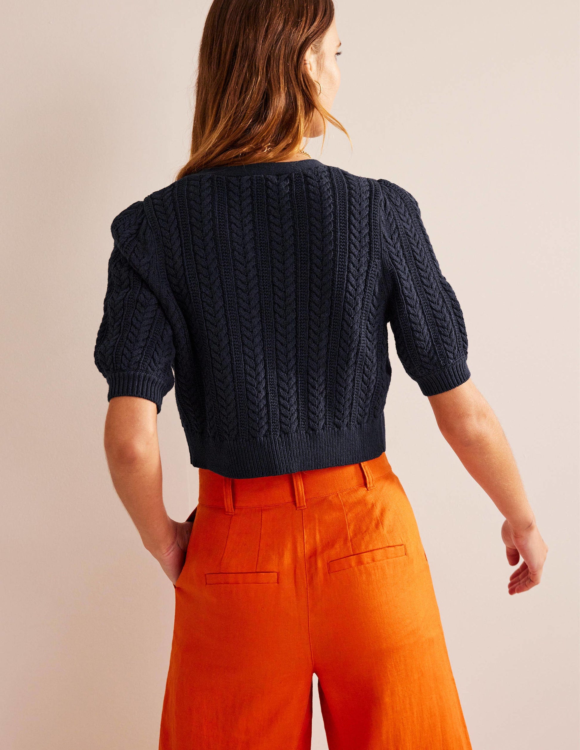 Bow-Trim Cropped Cardigan-Navy-3