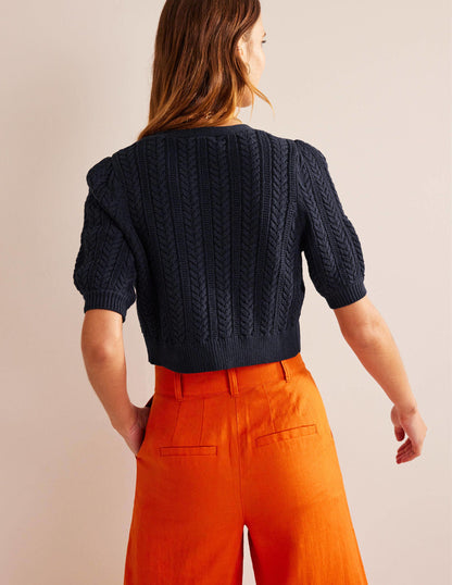Bow-Trim Cropped Cardigan-Navy-3