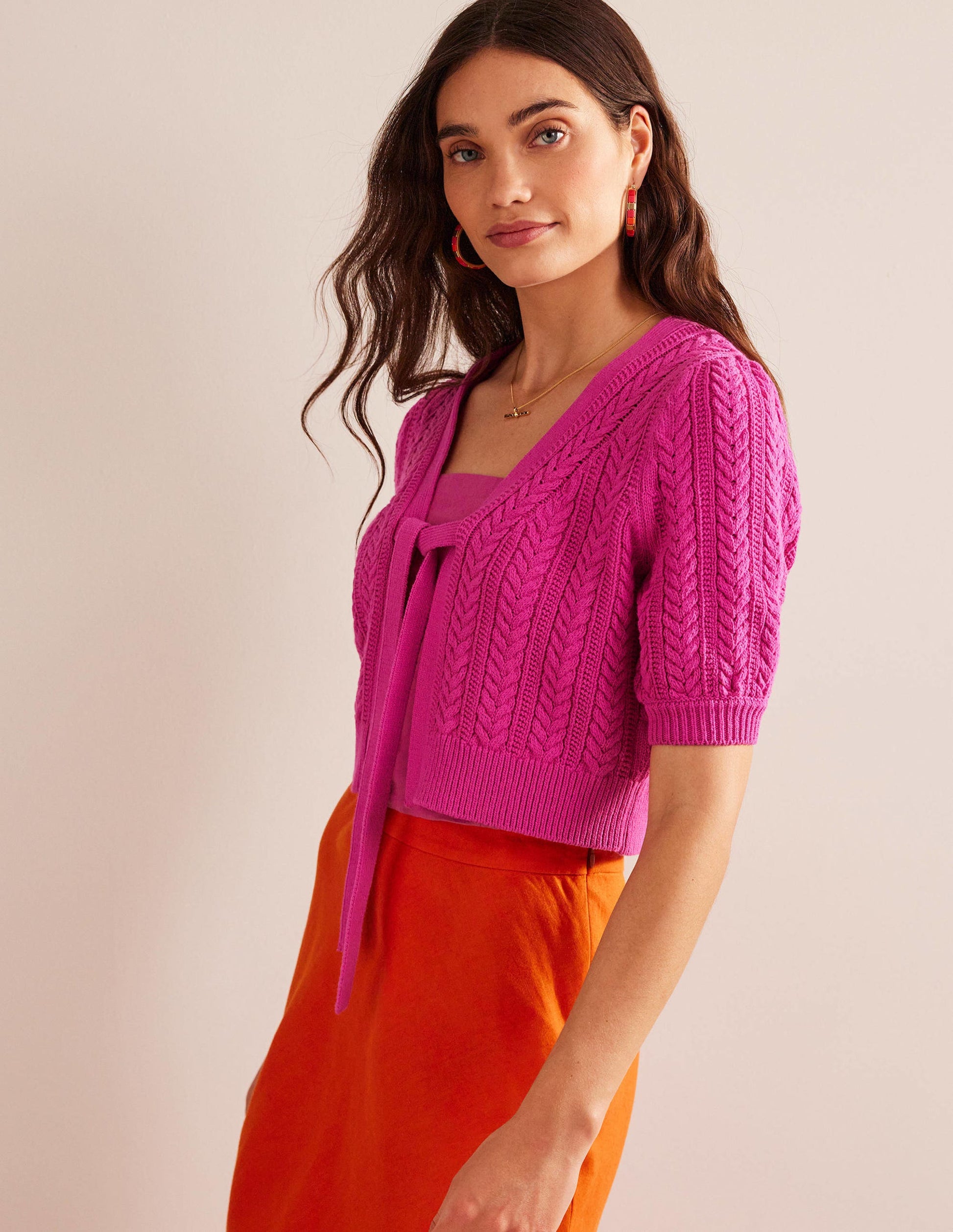 Bow-Trim Cropped Cardigan-Phlox Pink-4