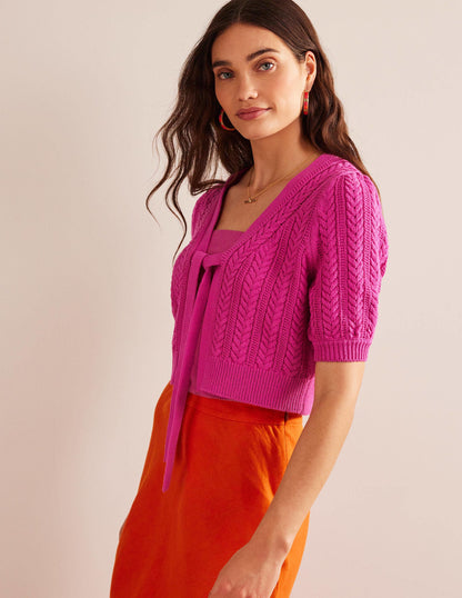 Bow-Trim Cropped Cardigan-Phlox Pink-4