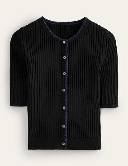 Crochet-Trim Ribbed Cardigan-Black