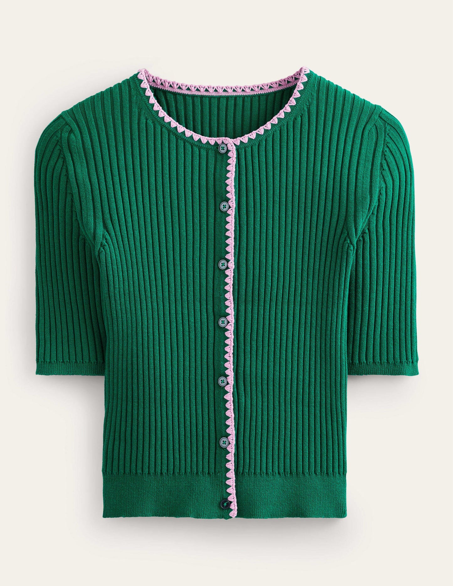 Crochet-Trim Ribbed Cardigan-Bright Emerald