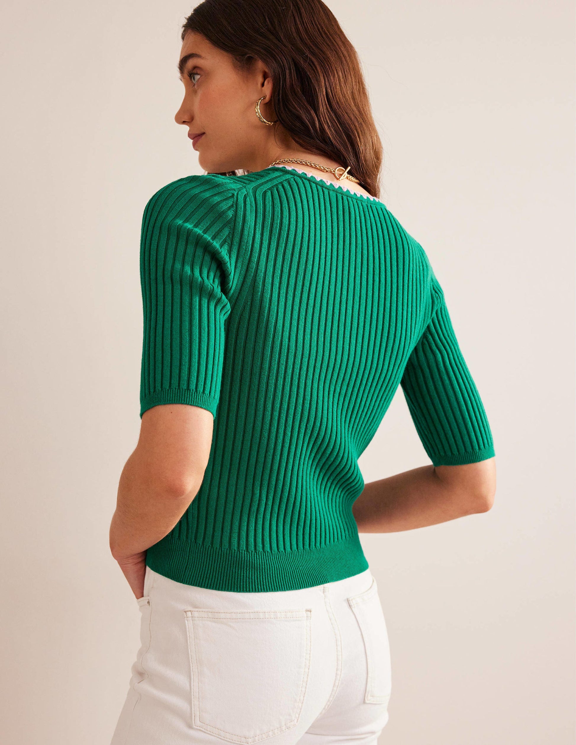 Crochet-Trim Ribbed Cardigan-Bright Emerald-3