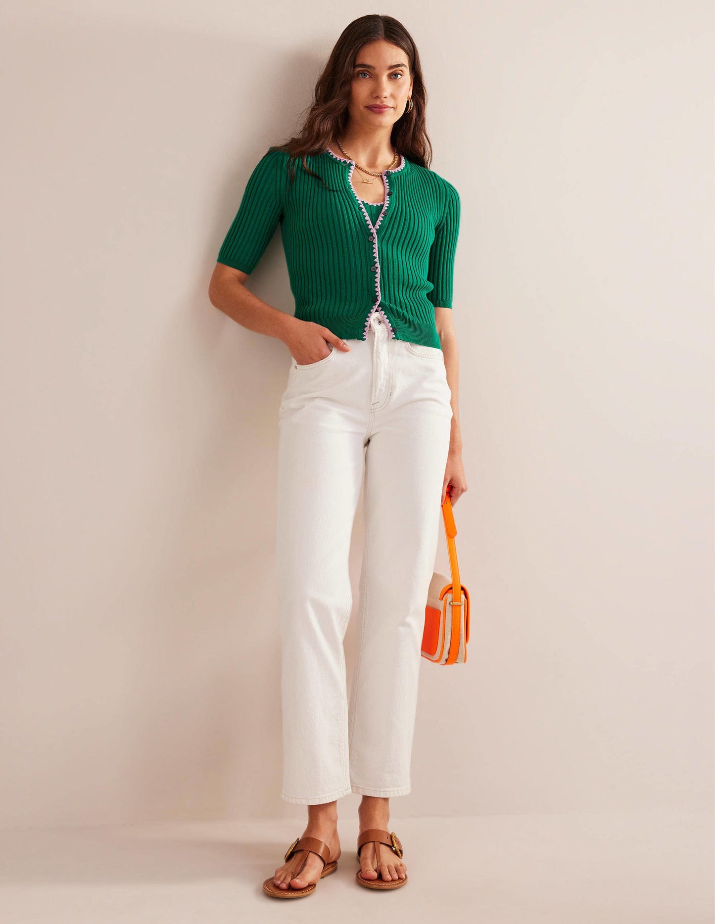 Crochet-Trim Ribbed Cardigan-Bright Emerald