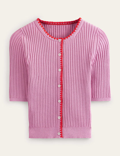 Crochet-Trim Ribbed Cardigan-Soft Lavender