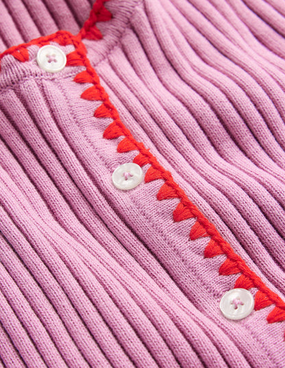 Crochet-Trim Ribbed Cardigan-Soft Lavender
