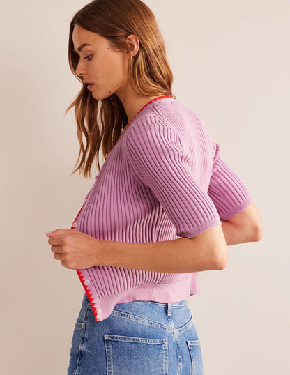 Crochet-Trim Ribbed Cardigan-Soft Lavender