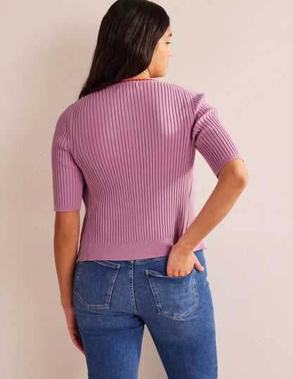 Crochet-Trim Ribbed Cardigan-Soft Lavender