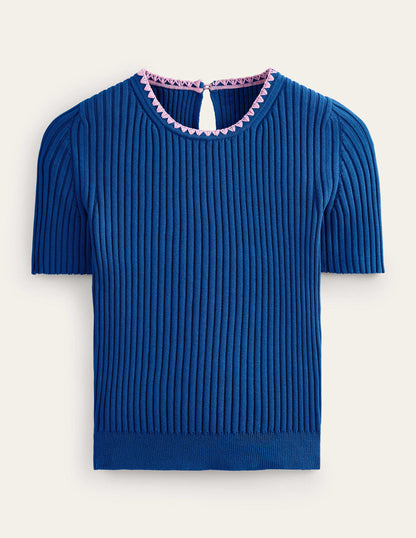 Crochet-Trim Knitted T-Shirt-Sapphire