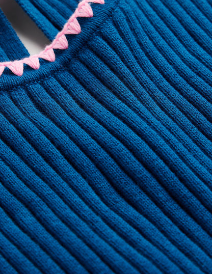 Crochet-Trim Knitted T-Shirt-Sapphire