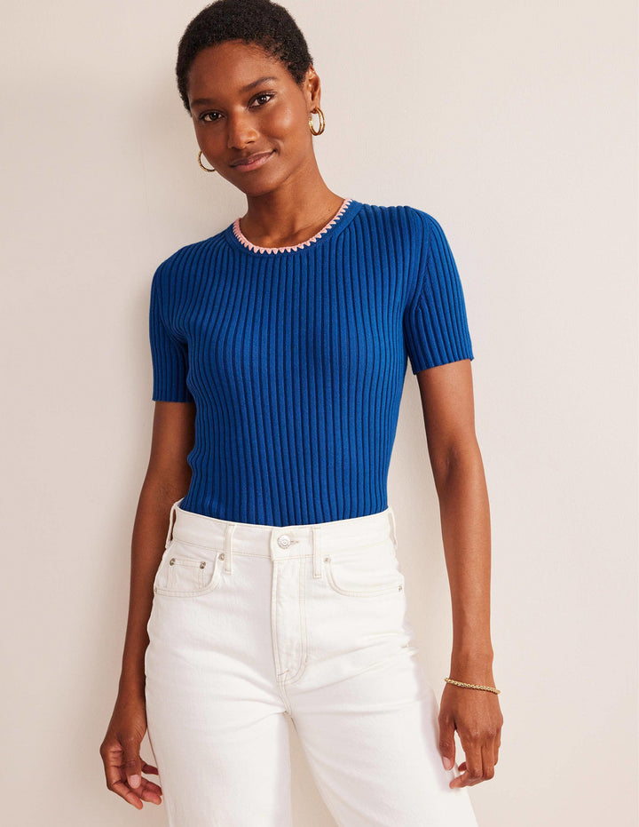 Crochet-Trim Knitted T-Shirt-Sapphire