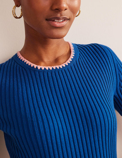 Crochet-Trim Knitted T-Shirt-Sapphire