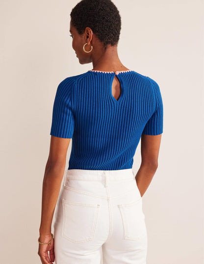 Crochet-Trim Knitted T-Shirt-Sapphire